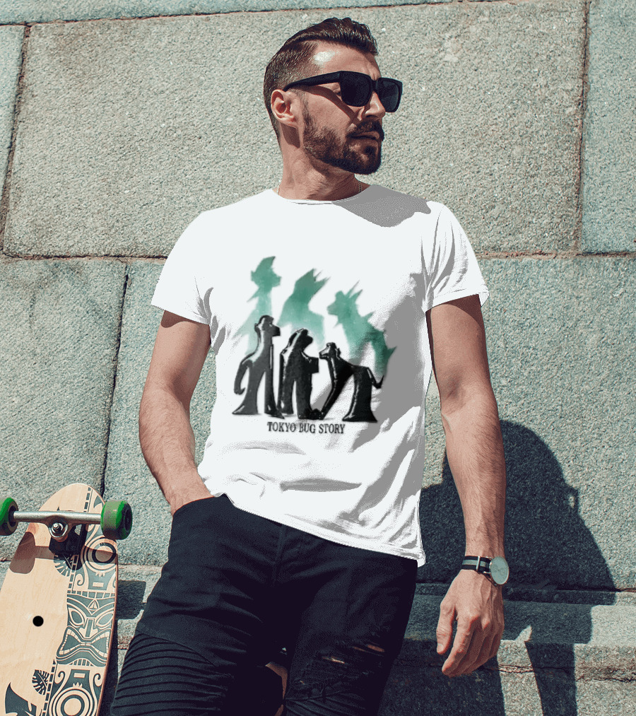 Tokyo Bug Story Glossy Black Figures Green Watercolor Shadows T-Shirt