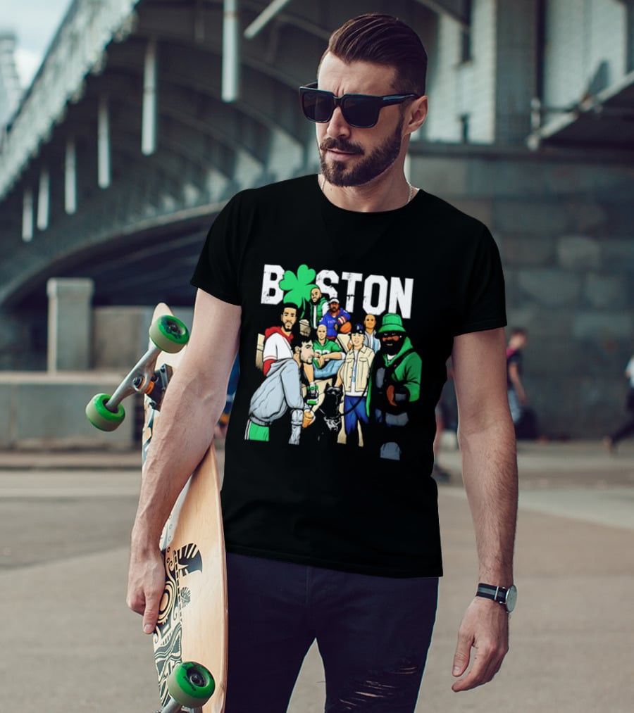 Boston Celtics Patriots Players With Shamrock And Boston T-Shirt