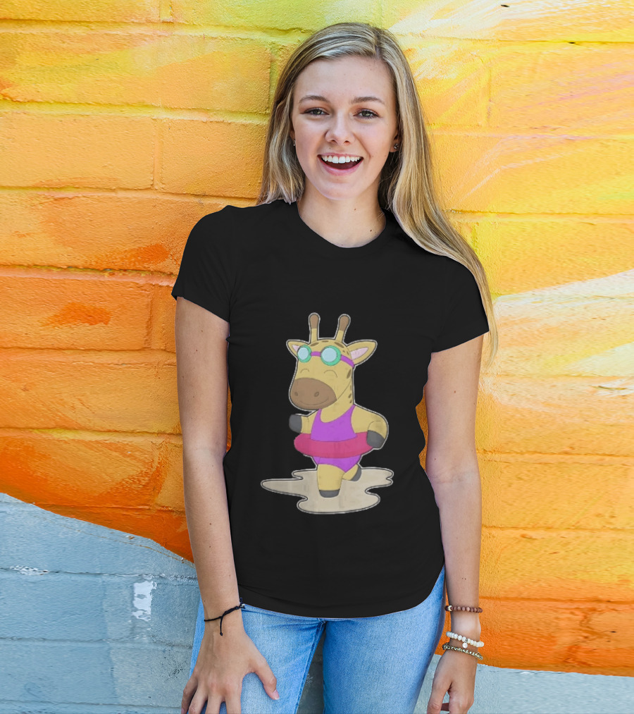 Giraffe Wearing Pink Swimsuit And Goggles With Inflatable Float Summer Fun T-Shirt