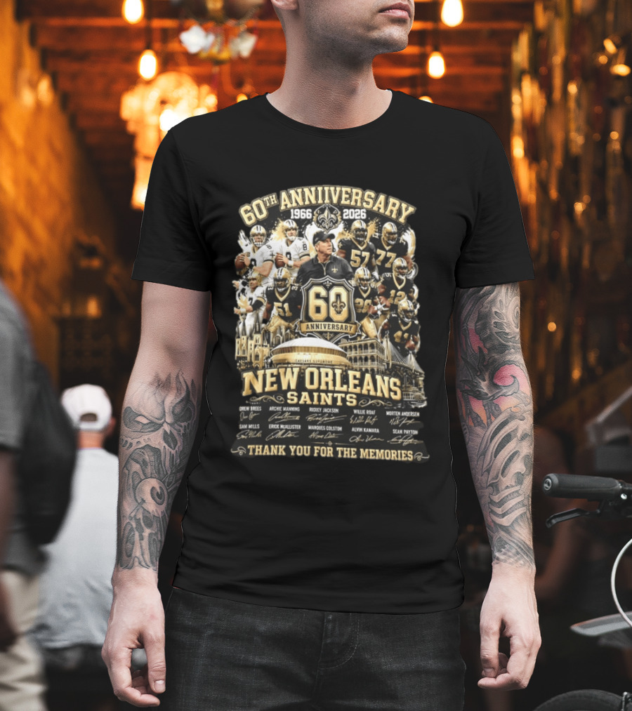 60th Anniversary 1966 2026 New Orleans Saints Thank You For The Memories Drew Brees Archie Manning Ricky Jackson T-Shirt