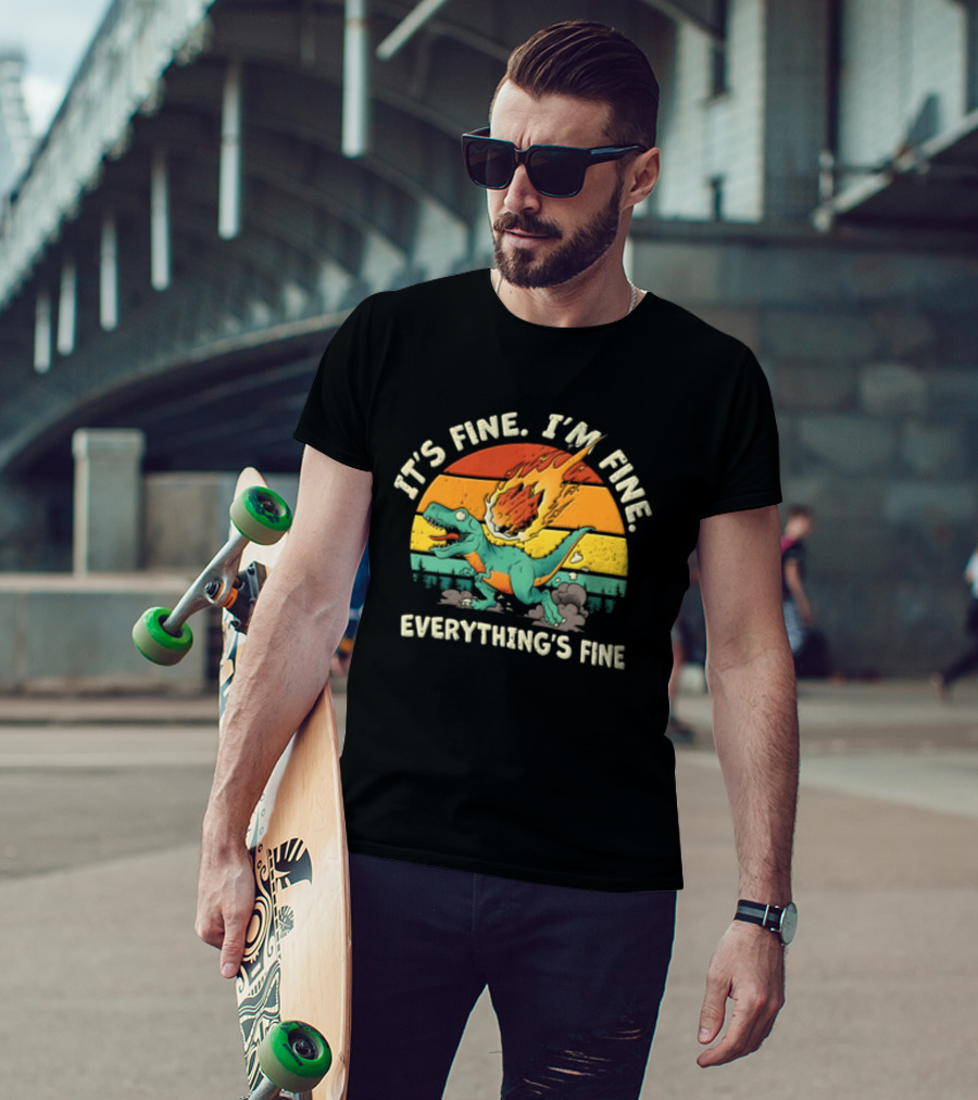 It's Fine I'm Fine Everything's Fine Cartoon Rex Running Meteor Sunset T-Shirt