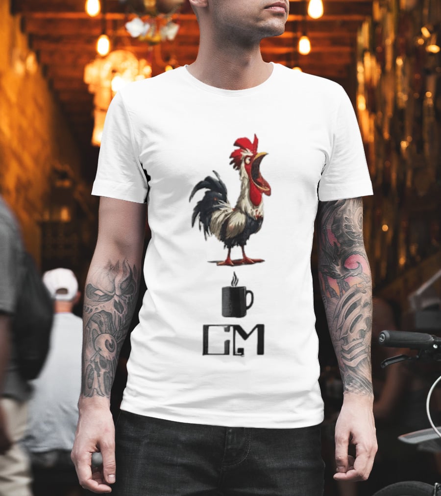GM Cartoon Crowing Rooster Steaming Black Coffee T-Shirt