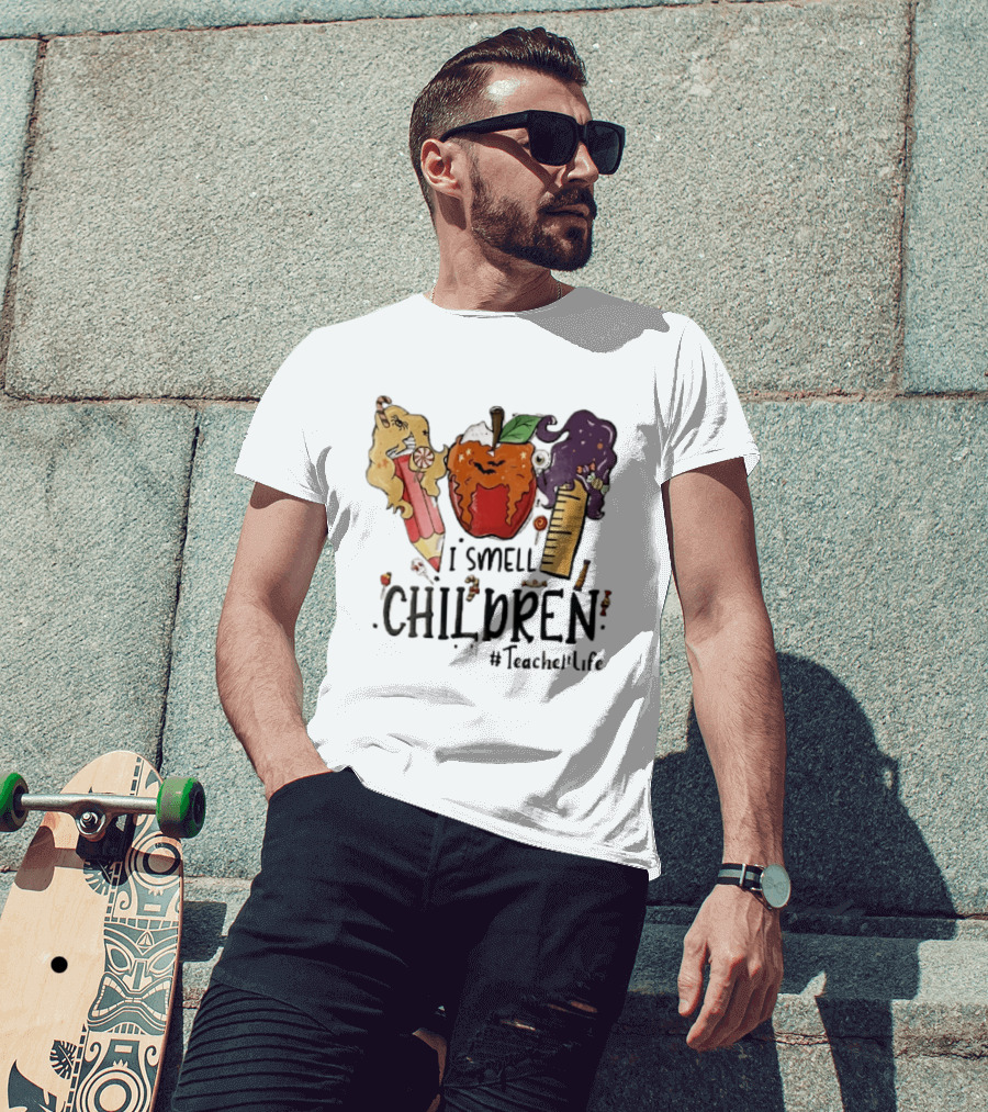 I Smell Children Teacherlife Sanderson Sisters Halloween Pencil Apple Ruler Cartoon T-Shirt