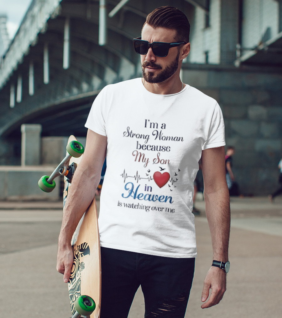 I'm A Strong Woman Because My Son In Heaven Red Heart Heartbeat Birds T-Shirt