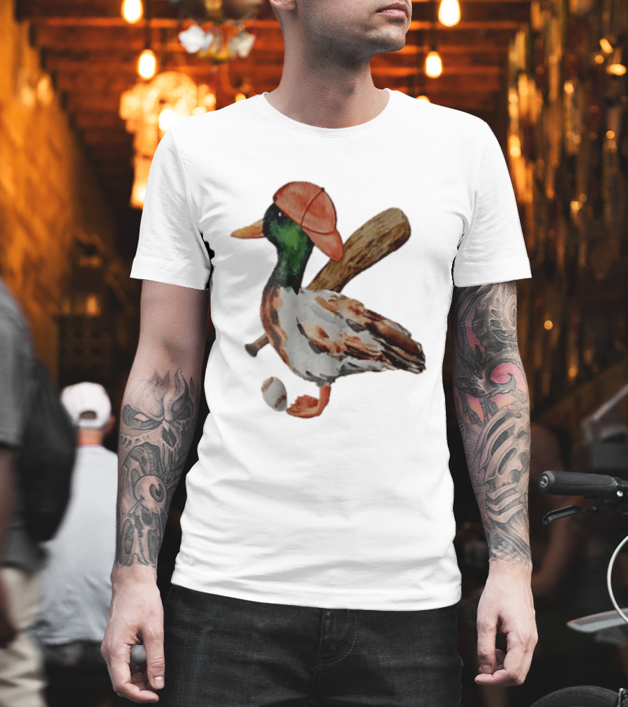 Mallard Duck Baseball Player Red Cap Wooden Bat Watercolor Mallard T-Shirt