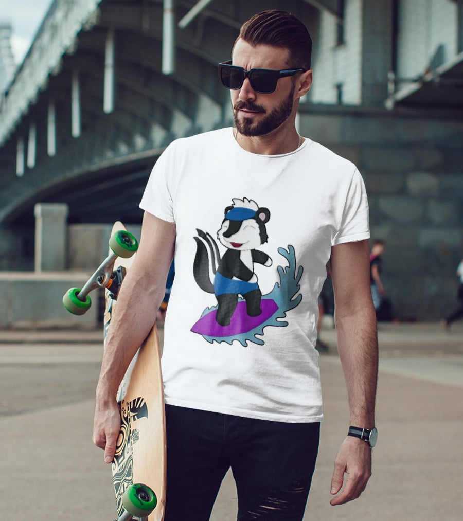 Skunk Surfing Cartoon On Purple Surfboard With Blue Waves And Summer Vibes T-Shirt