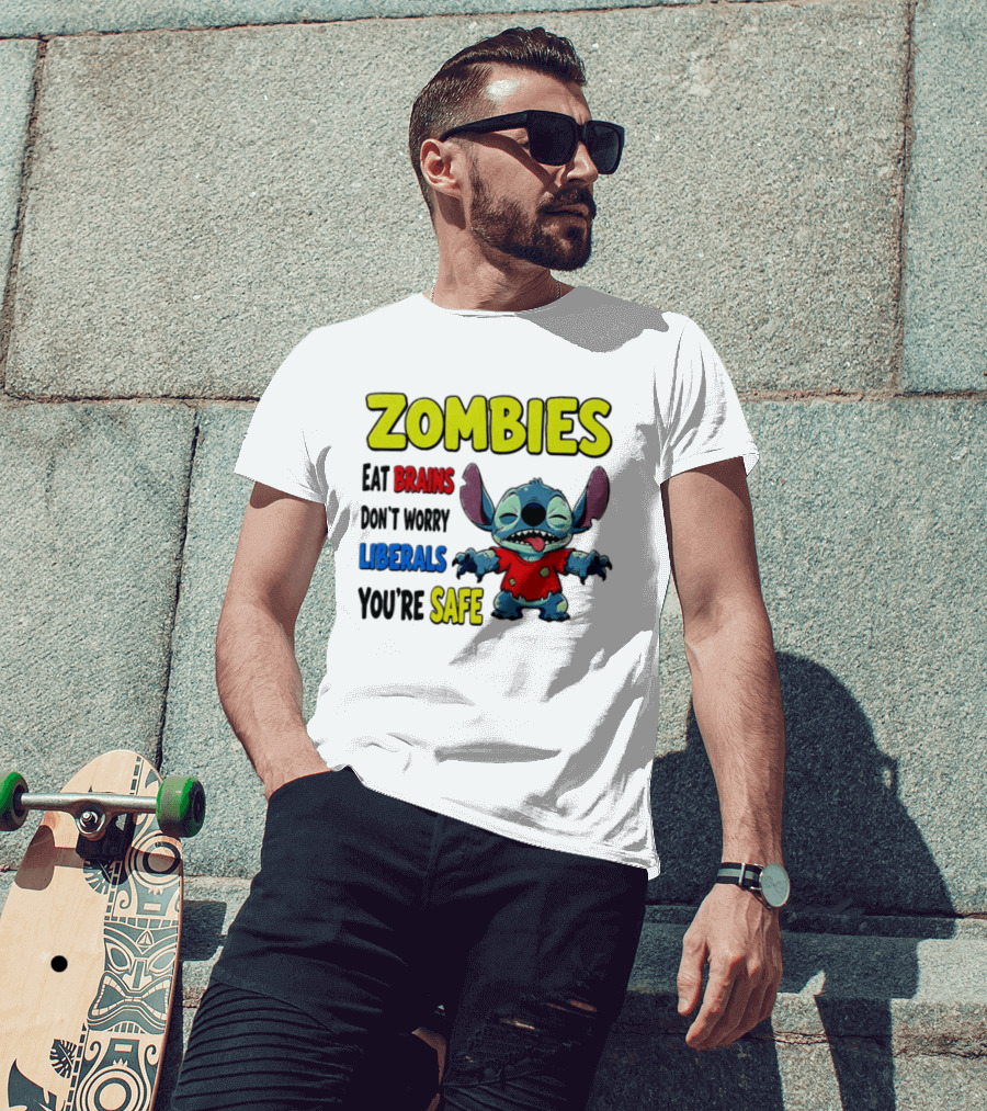Zombies Eat Brains Don't Worry Liberals You're Safe Stitch Cartoon Creature Stitched Red T-Shirt