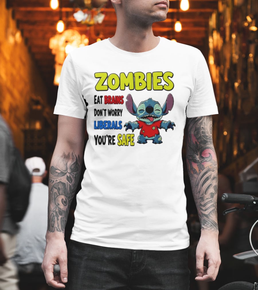Zombies Eat Brains Don't Worry Liberals You're Safe Stitch Cartoon Creature Stitched Red T-Shirt