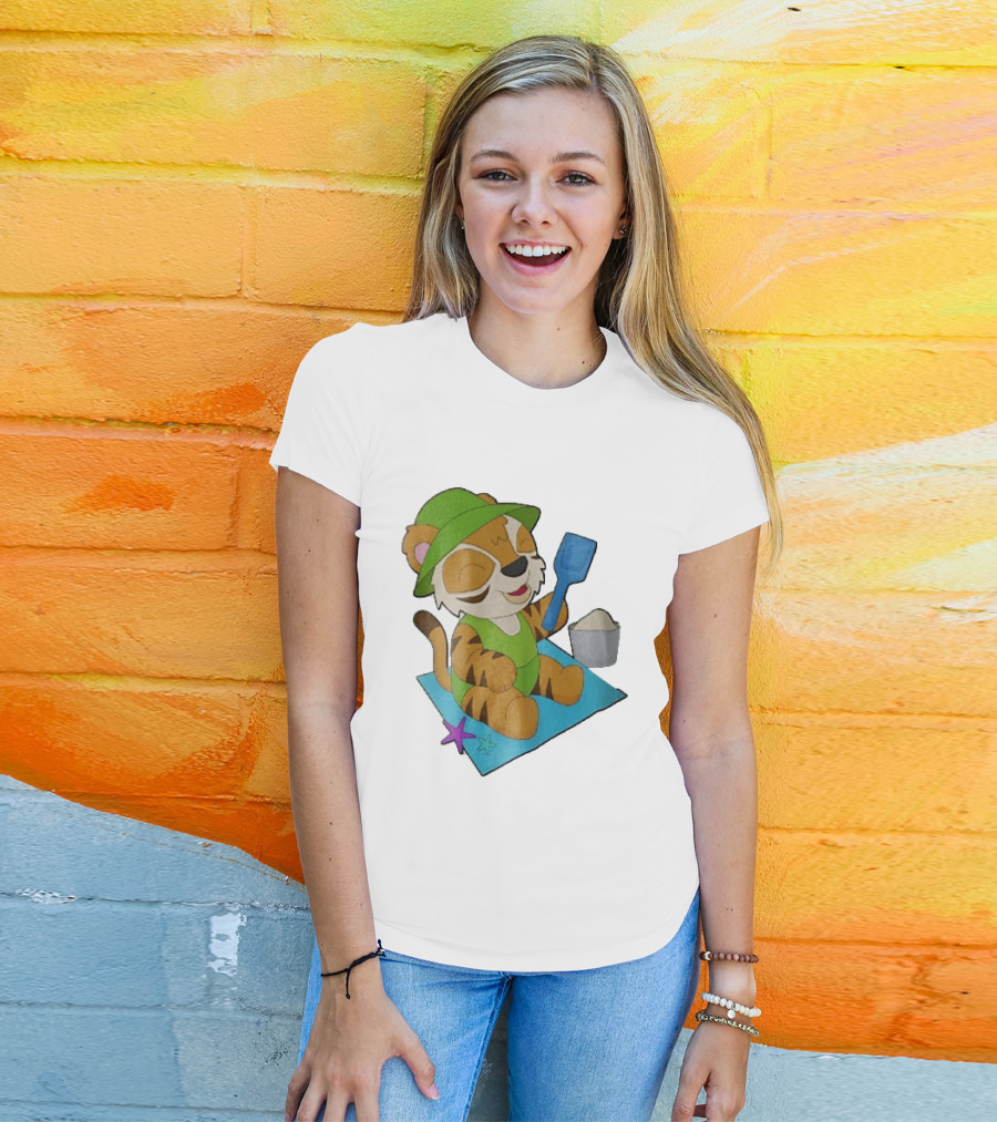 Playful Tiger Beach Sand Adventure Summer Scene T-Shirt