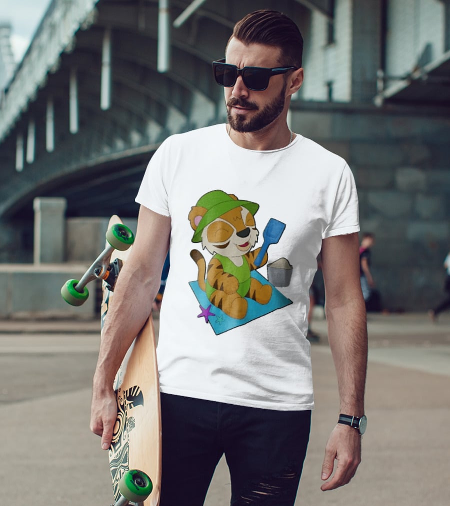 Playful Tiger Beach Sand Adventure Summer Scene T-Shirt