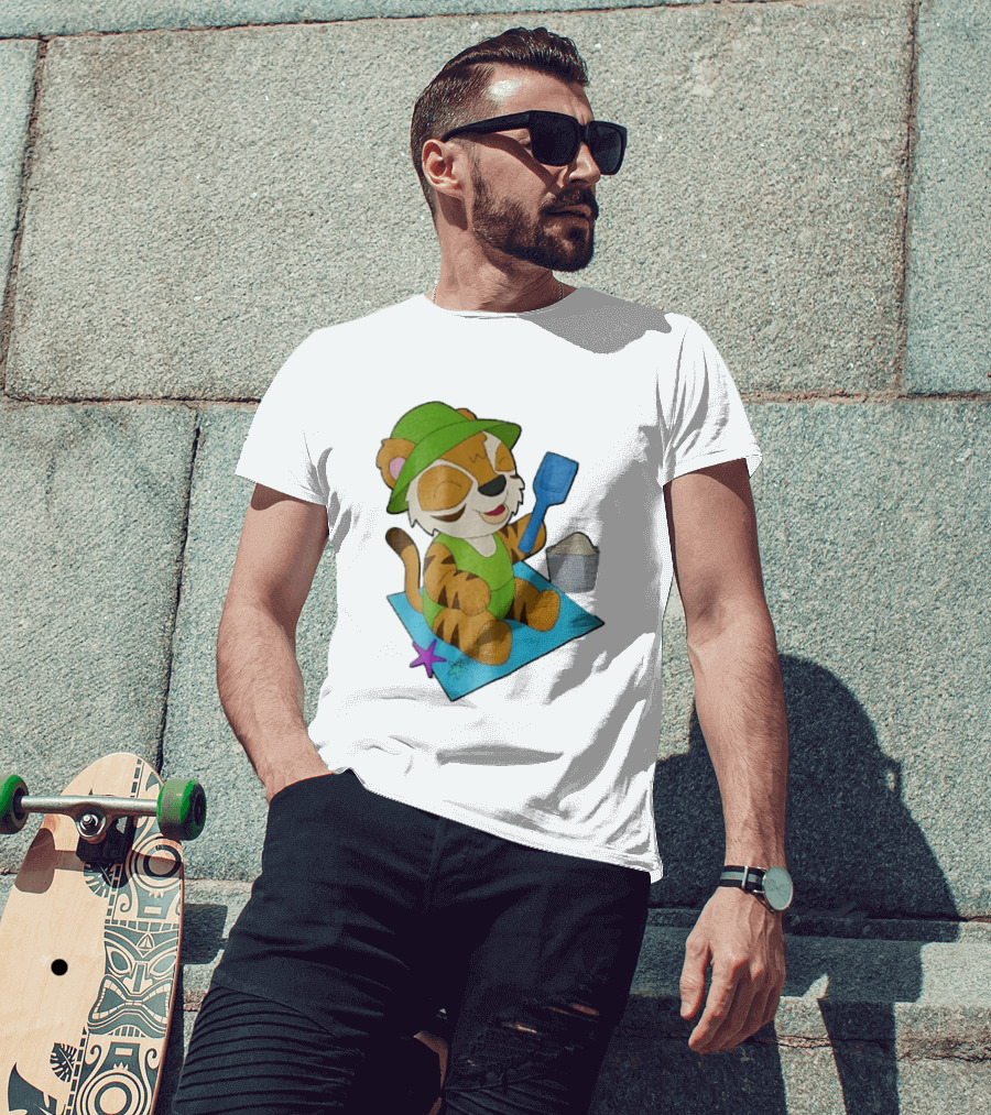 Playful Tiger Beach Sand Adventure Summer Scene T-Shirt