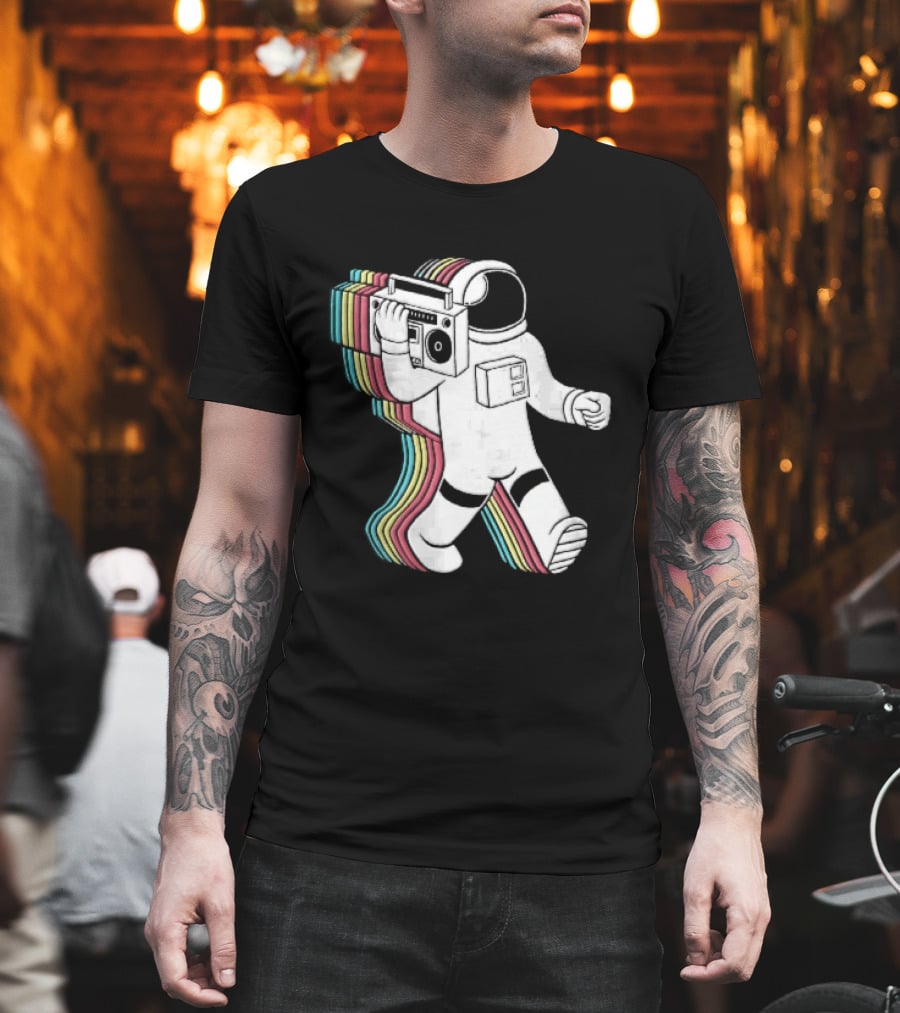 Astronaut Carrying Boombox Retro Colorful Vibes T-Shirt