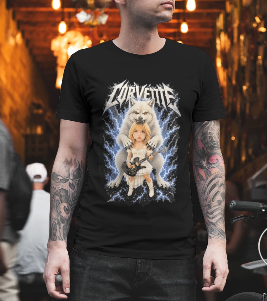 Corvette Chibi Blonde With Electric Guitar White Wolf And Lightning Heavy Metal T-Shirt