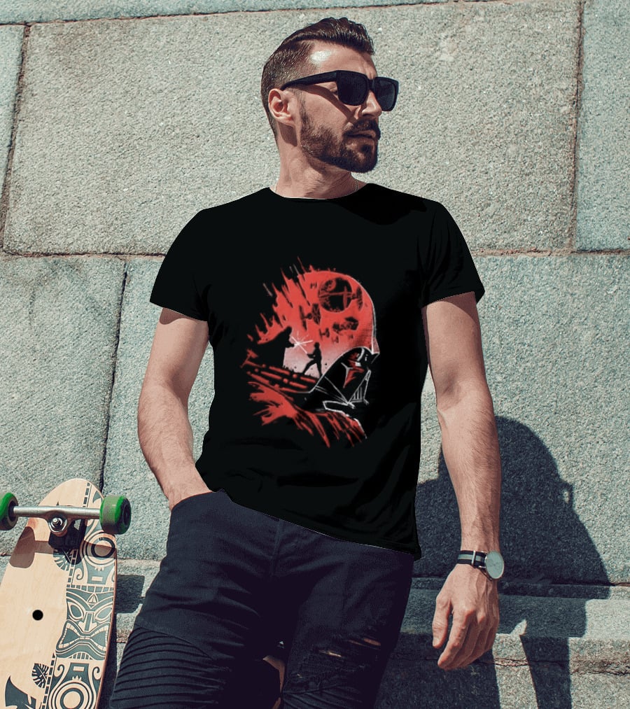 Darth Vader Luke Skywalker Lightsaber Duel Death Star TIE Fighters Red Stencil T-Shirt