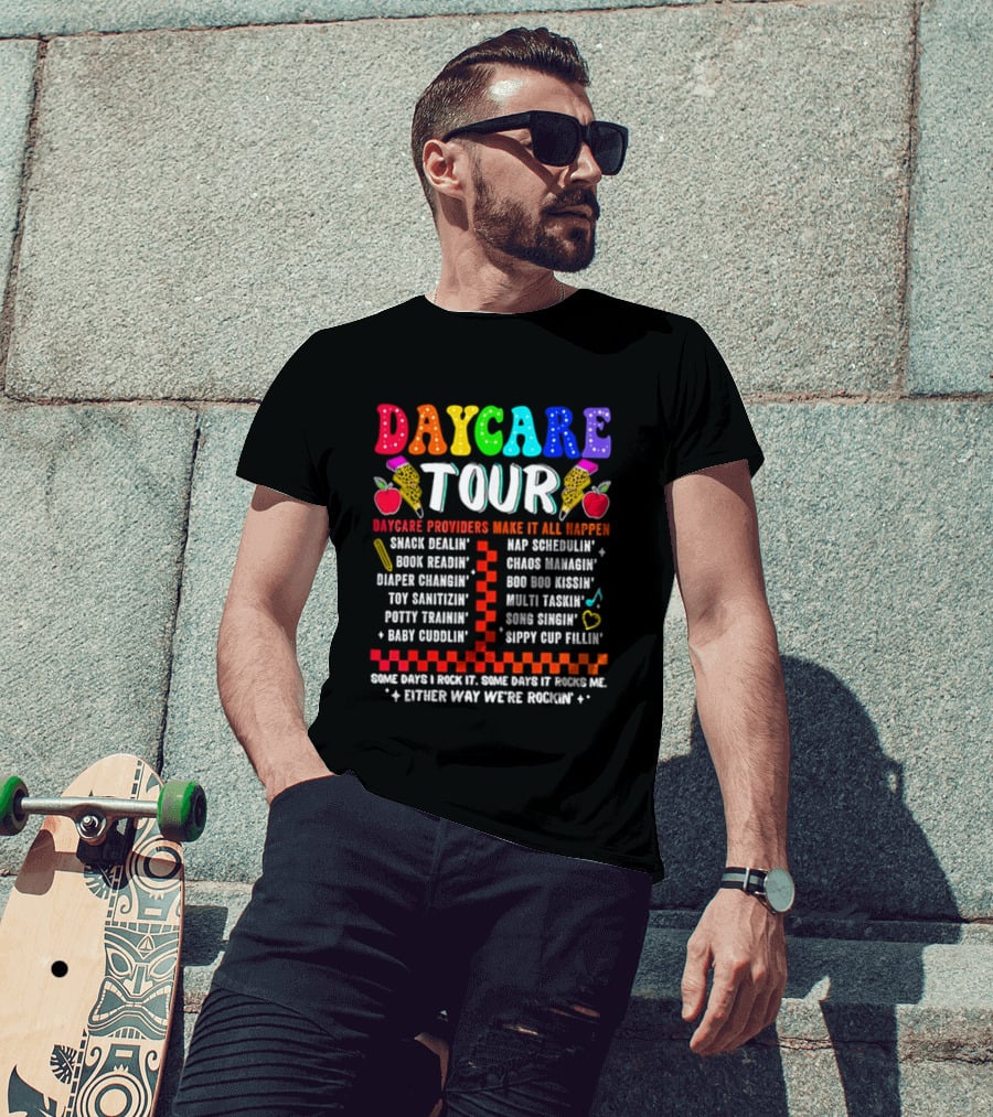 Daycare Tour Snack Dealer Nap Specialist Boo Boo Healer Puppet Creator Fun Expert Song Machine T-Shirt