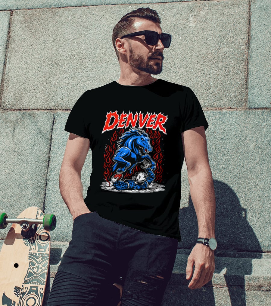 Denver Broncos Blue Horse Fire Football Player Flame T-Shirt