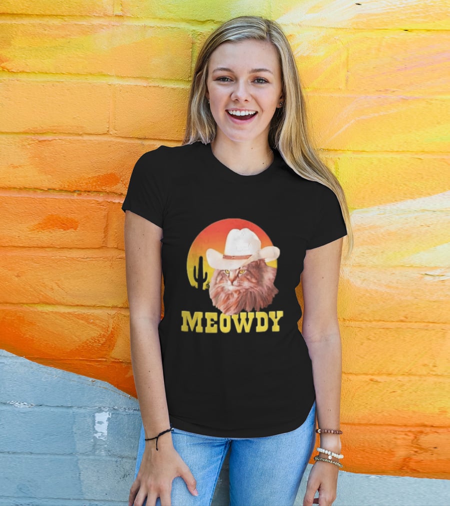 Meowdy Cowboy Cat In White Hat With Sunset And Cactus T-Shirt