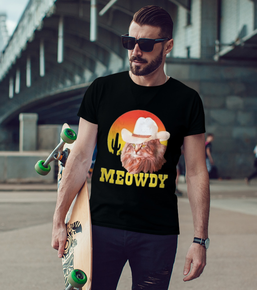 Meowdy Cowboy Cat In White Hat With Sunset And Cactus T-Shirt