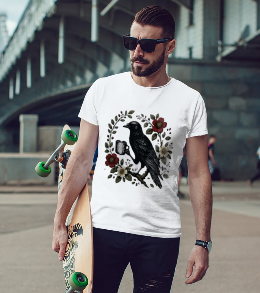 Is He Dead Yet Crow Coffee Floral Wreath Blooms T-Shirt