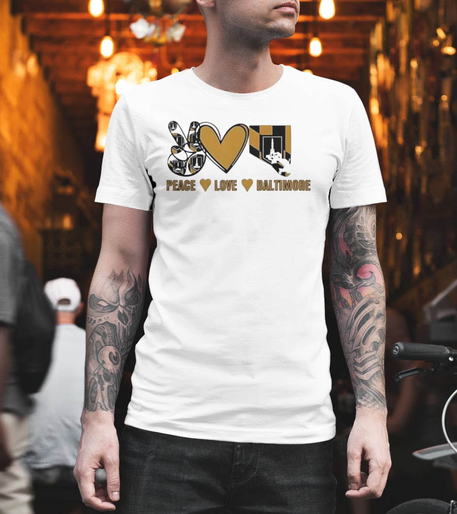 Peace Love Baltimore Gold Maryland Flag City Monument T-Shirt