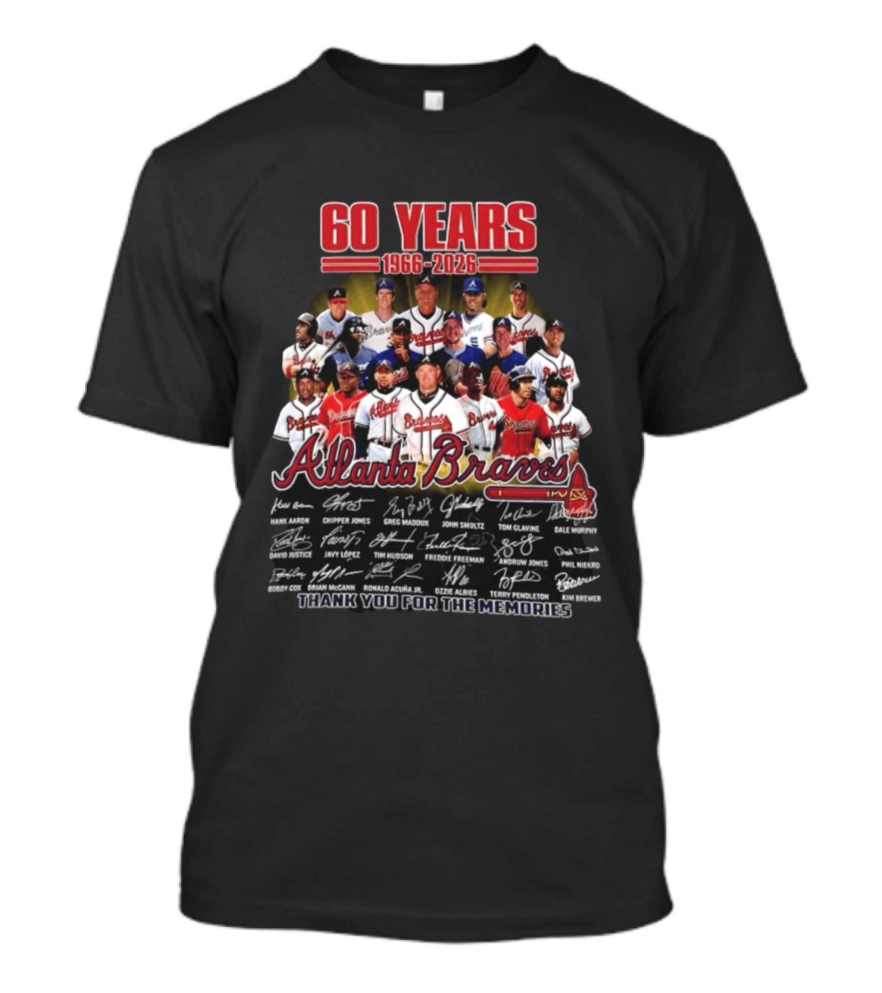Atlanta Braves 60 Years 1966 2026 Legends Aaron Chipper Jones Maddux Glavine Smoltz Murphy Autographs Thank You For The Memories T-Shirt