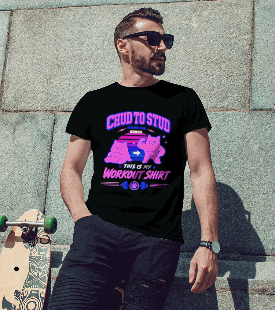 Chud To Stud Fitness Club Workout Transformation With Cute Cats And Paw Print Weights T-Shirt