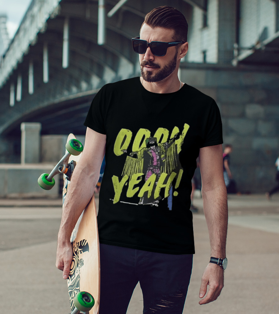 Oooh Yeah Macho Man Randy Savage Wrestler Outstretched Arms Fringed Jacket Distressed Green T-Shirt