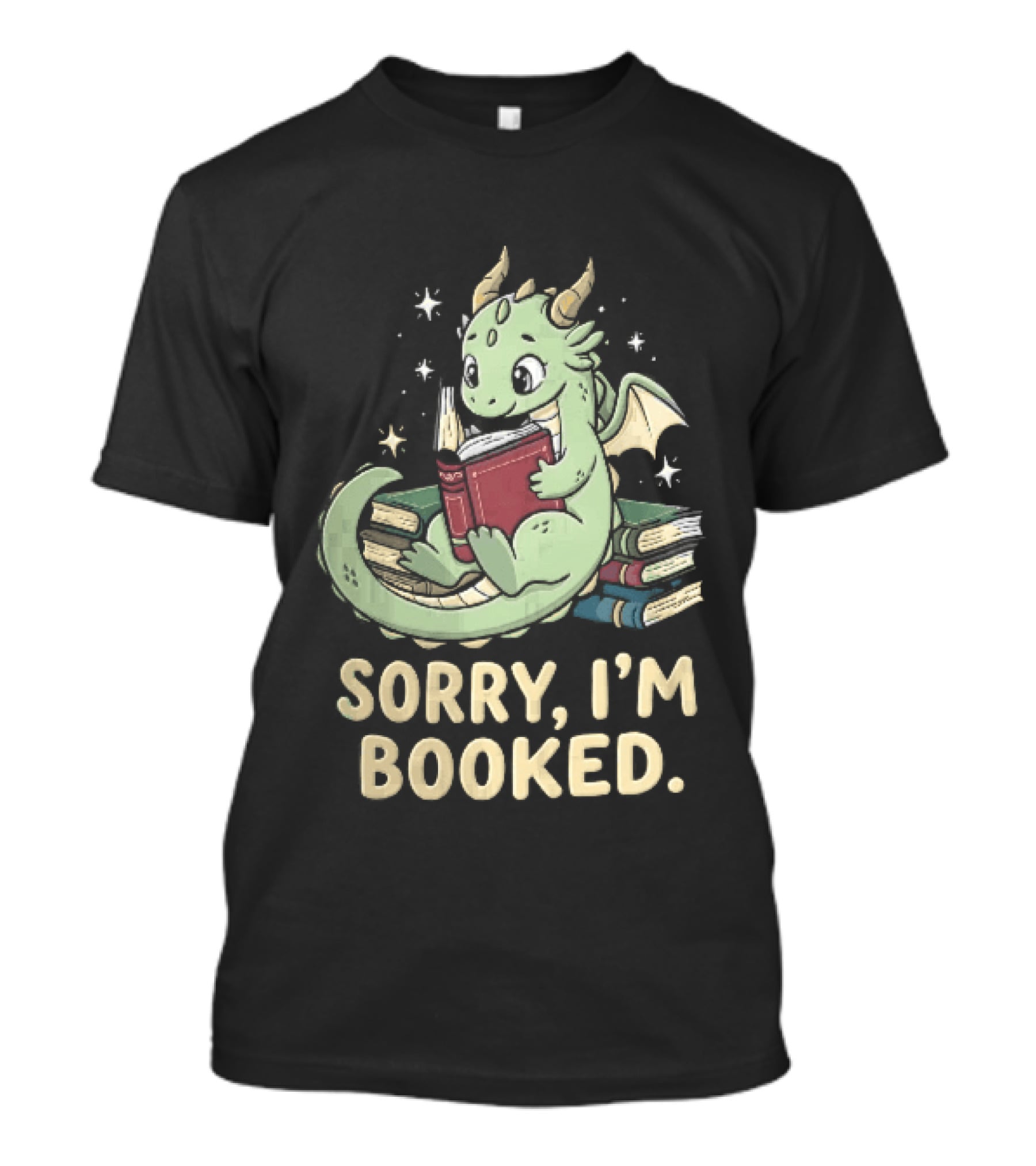 Sorry I'm Booked Cartoon Green Dragon Reading Book With Stars T-Shirt