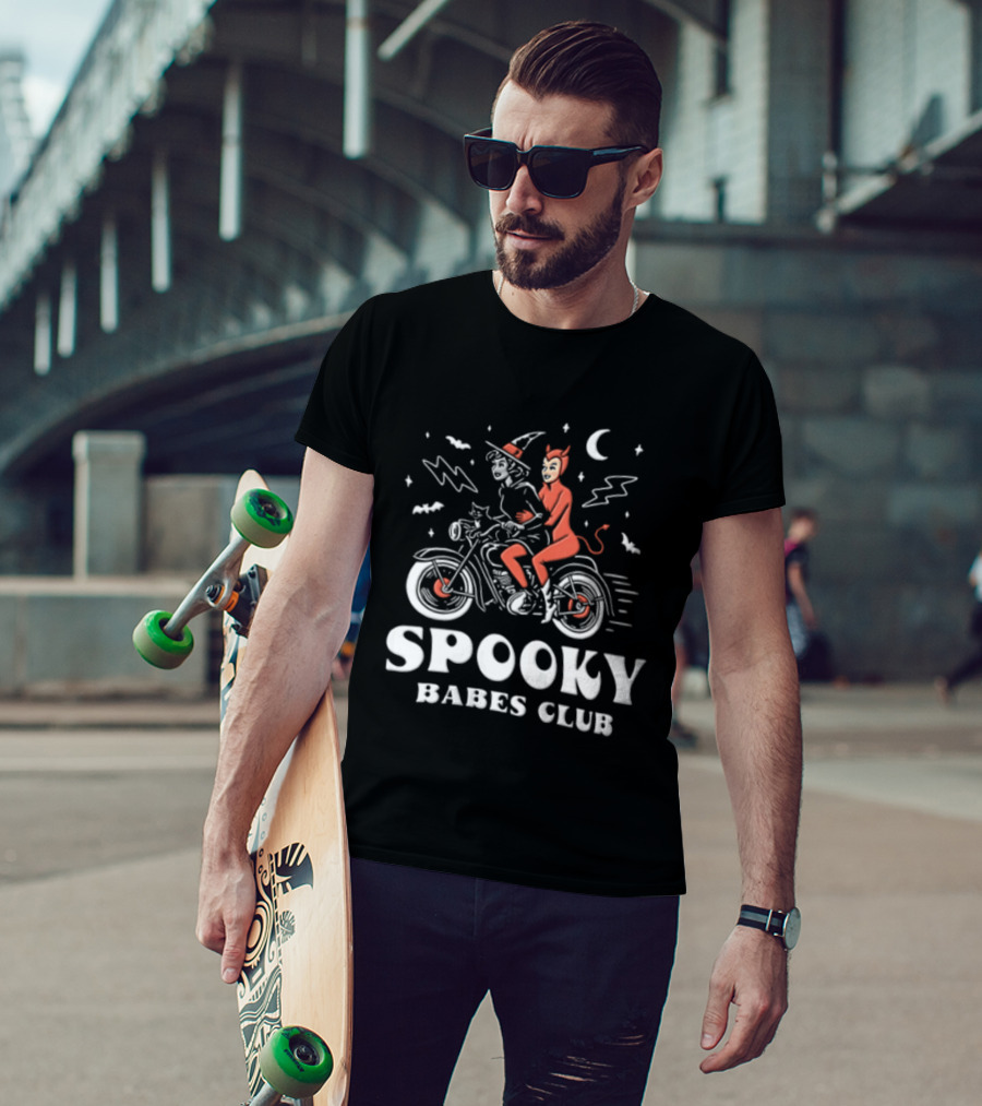 Spooky Babes Club Halloween Witch And Devil Motorcycle Riding T-Shirt