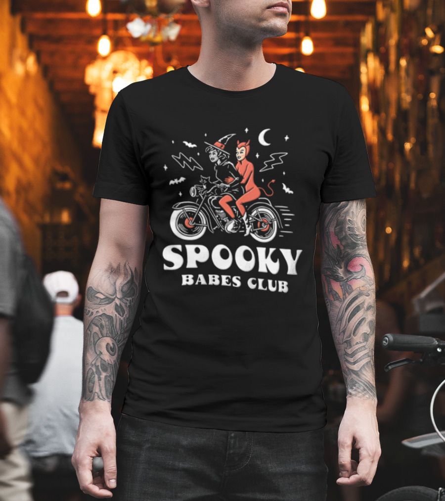 Spooky Babes Club Halloween Witch And Devil Motorcycle Riding T-Shirt