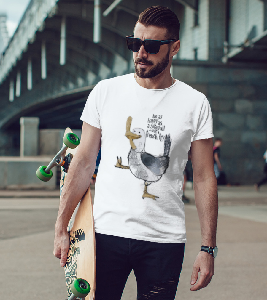 Be As Happy As A Seagull With French Fry Cartoon Bird Holding Yellow Food T-Shirt