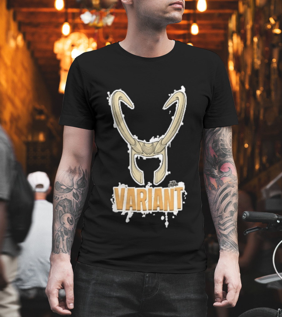 Variant Loki Horned Helmet Golden Horns White Paint Splatter Grunge Cartoon T-Shirt