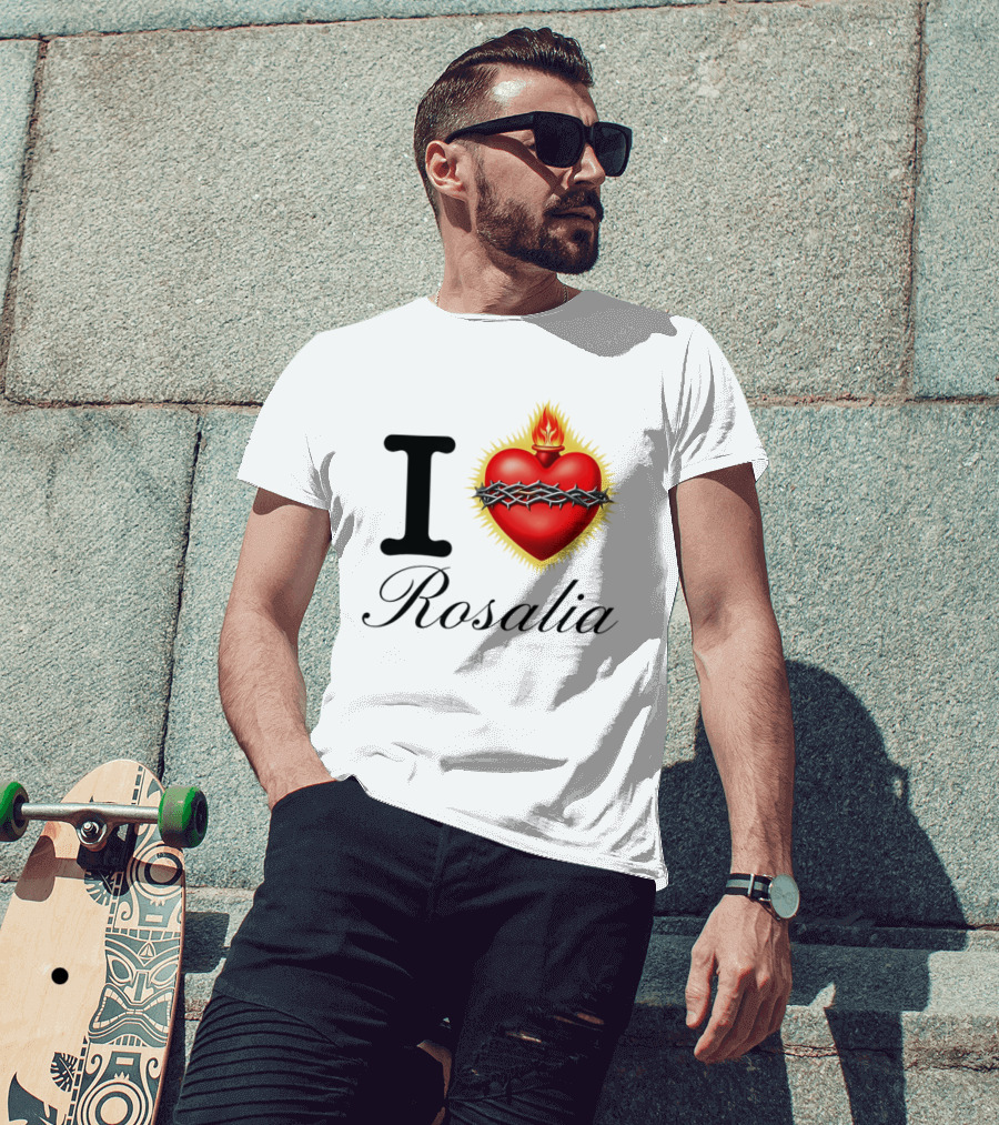 I Love Rosalia Sacred Heart Design With Crown Of Thorns And Flame T-Shirt