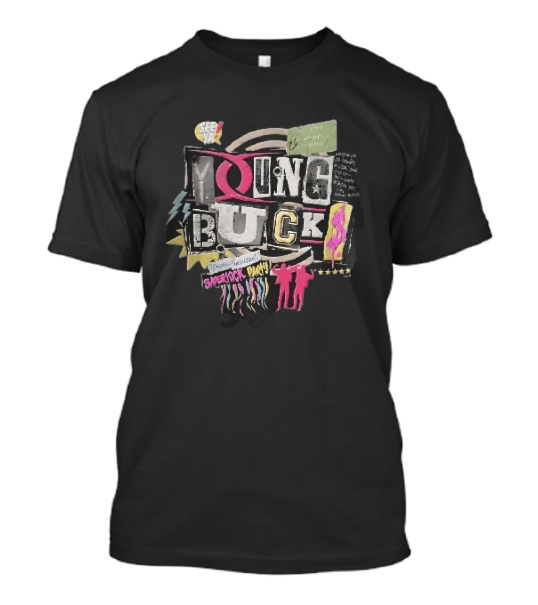 Young Bucks See Ya Rancho Cucamonga Superkick Party Matt Jackson Nick Jackson Distressed Collage T-Shirt