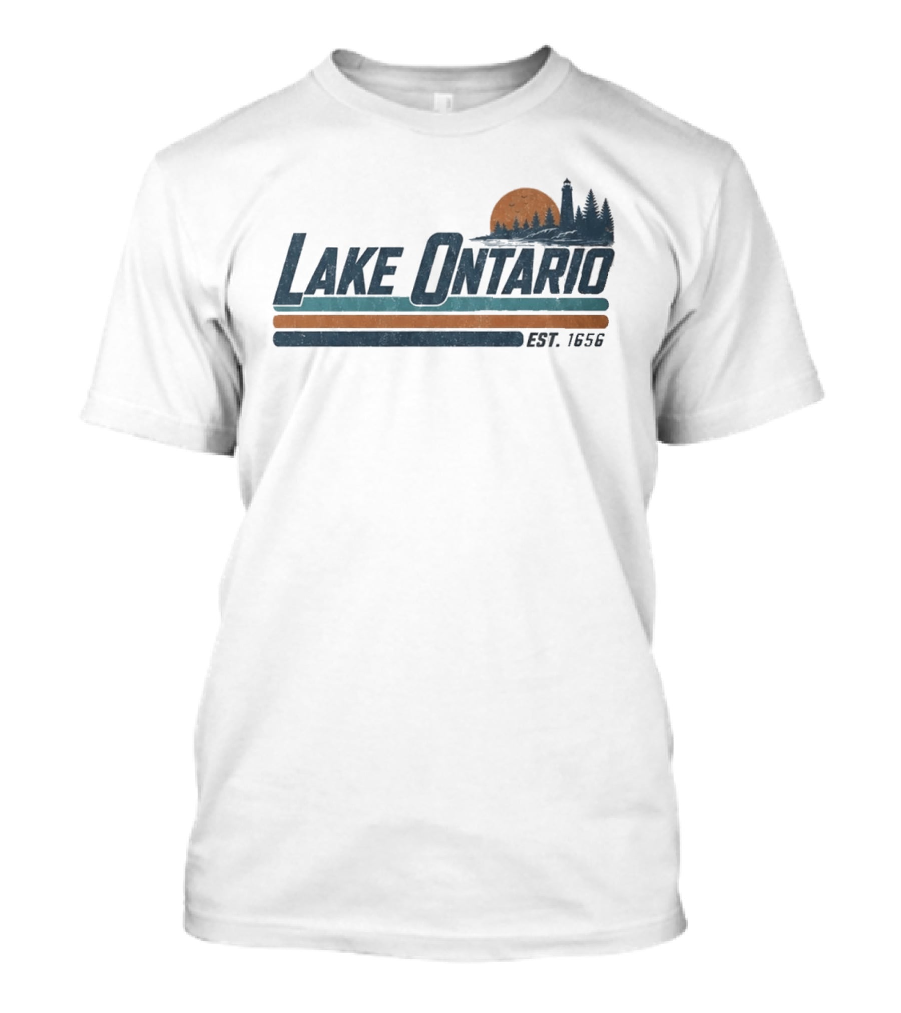 Lake Ontario Established 1956 Vintage Stripe Sunset With Lighthouse And Trees T-Shirt