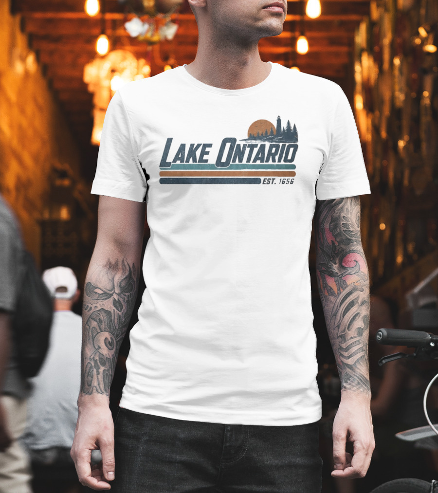 Lake Ontario Established 1956 Vintage Stripe Sunset With Lighthouse And Trees T-Shirt