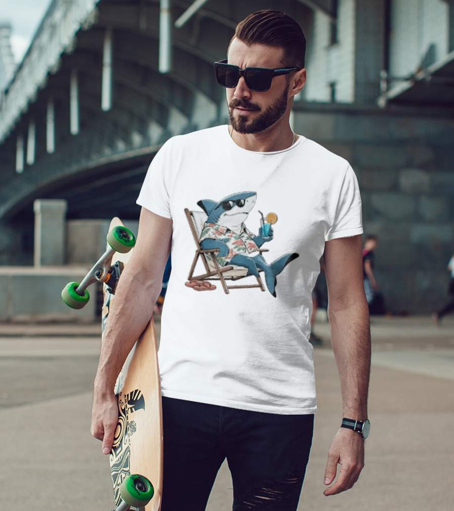Shark Relaxing In Lounge Chair With Tropical Drink Hawaiian T-Shirt
