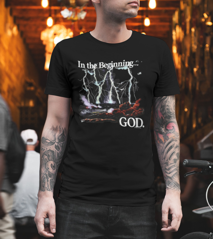 In The Beginning God Lightning Bolts Crashing Waves Rocky Shore T-Shirt