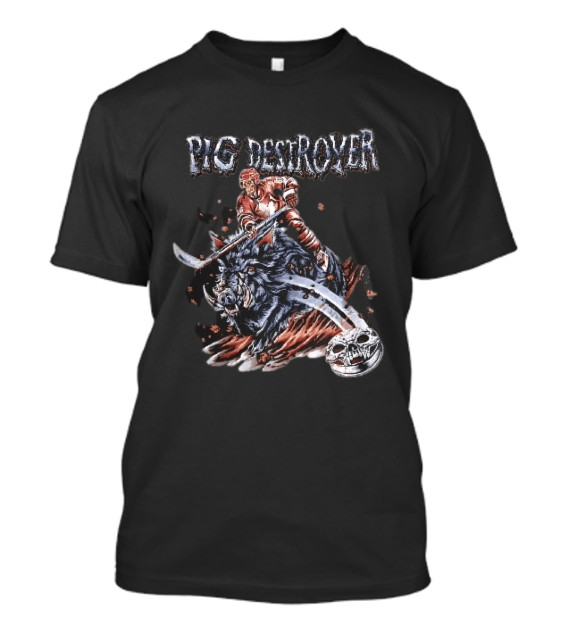 Pig Destroyer Skeleton Hockey Player Riding Wild Boar Skull Puck T-Shirt