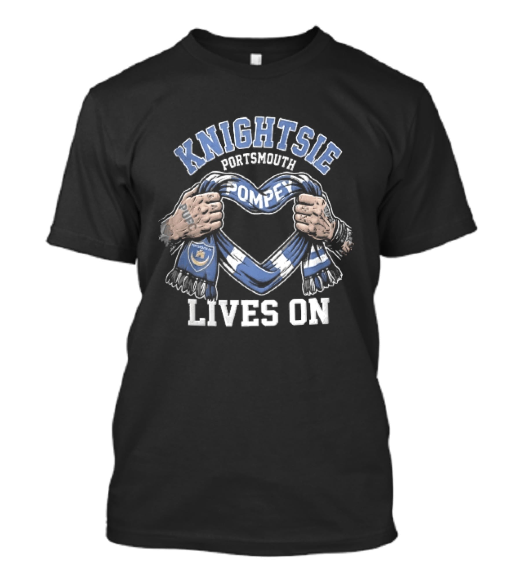 Knightsie Pompey Lives On Tattooed Hands Holding Portsmouth FC Scarf Heart Shape T-Shirt