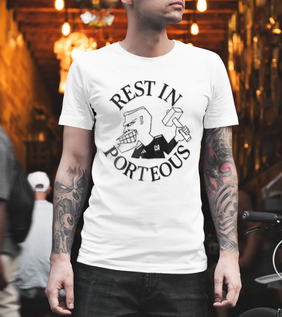 Rest In Porteous Cartoon Caricature Man Holding Hammer T-Shirt
