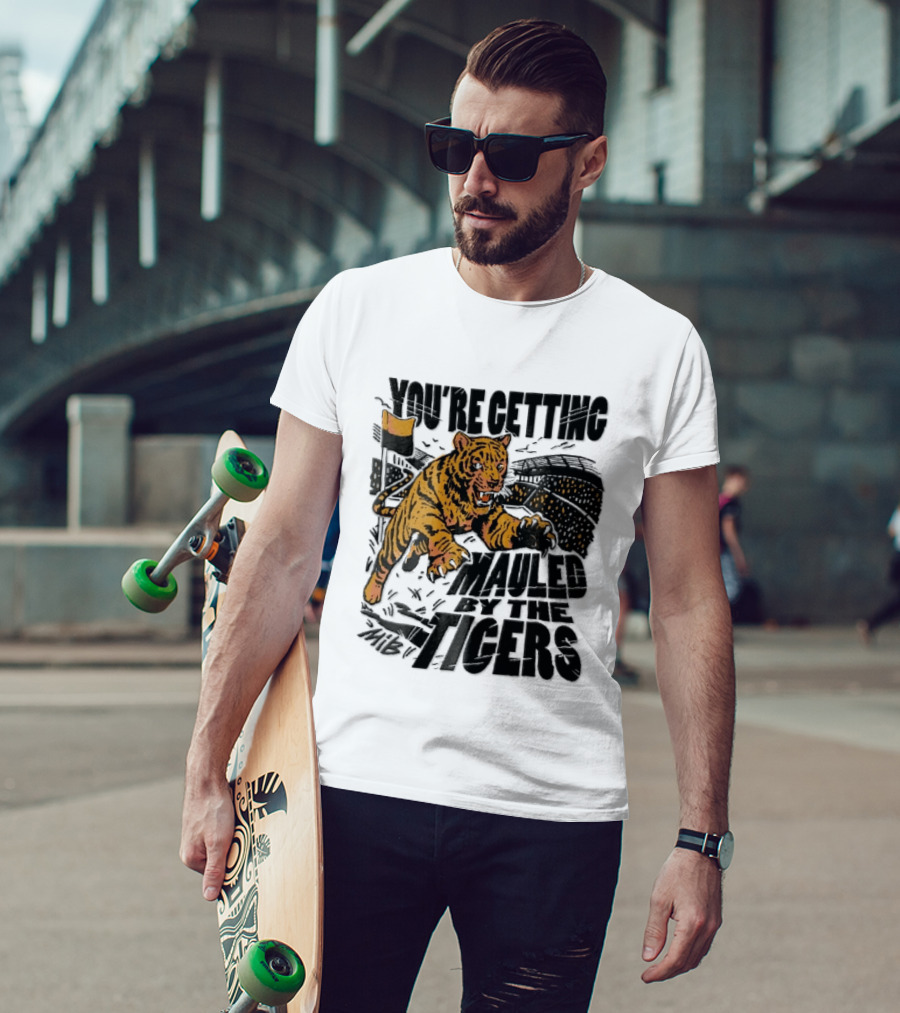 You're Getting Mauled By The Tigers Leaping Aggressive Stadium Crowd Corner Flag Woodcut T-Shirt