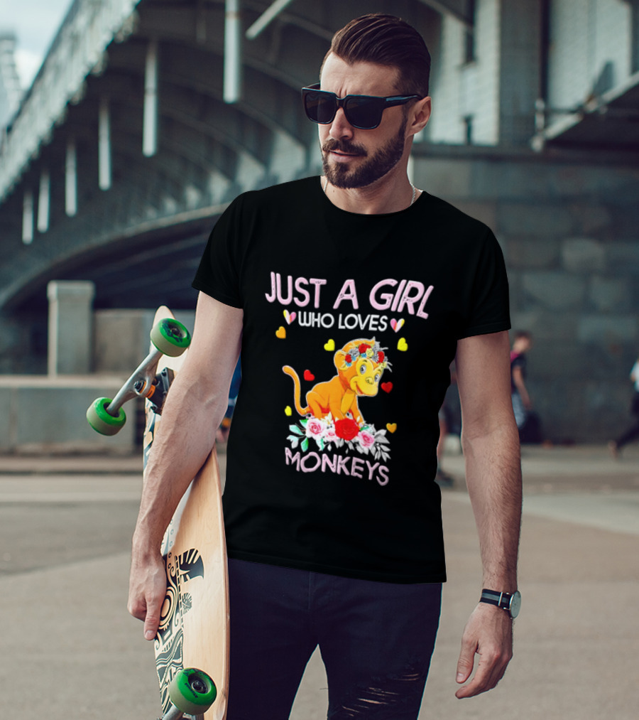 Just A Girl Who Loves Monkeys With Hearts And Flowers T-Shirt