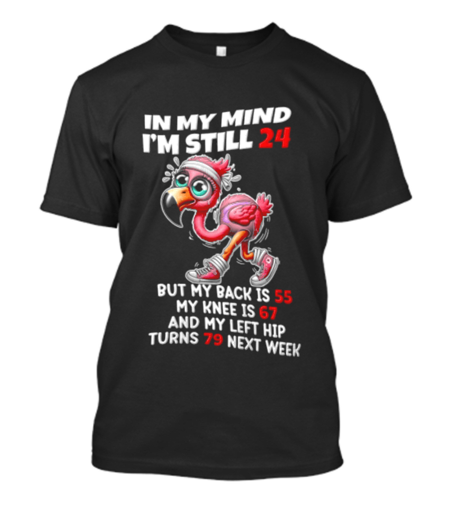 In My Mind I'm Still 24 Flamingo Back Is 55 Knee Is 67 Left Hip 79 Next Week T-Shirt