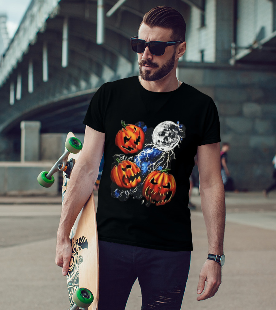 Halloween Pumpkins Skull Moon Lightning T-Shirt