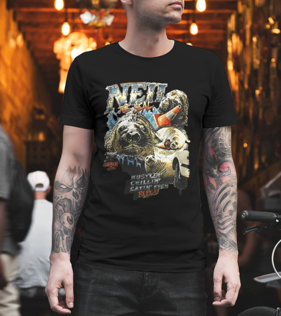 Neil The Seal Hustler Chillin Eating Fish Harbor Animal Warning Cone Repeat T-Shirt