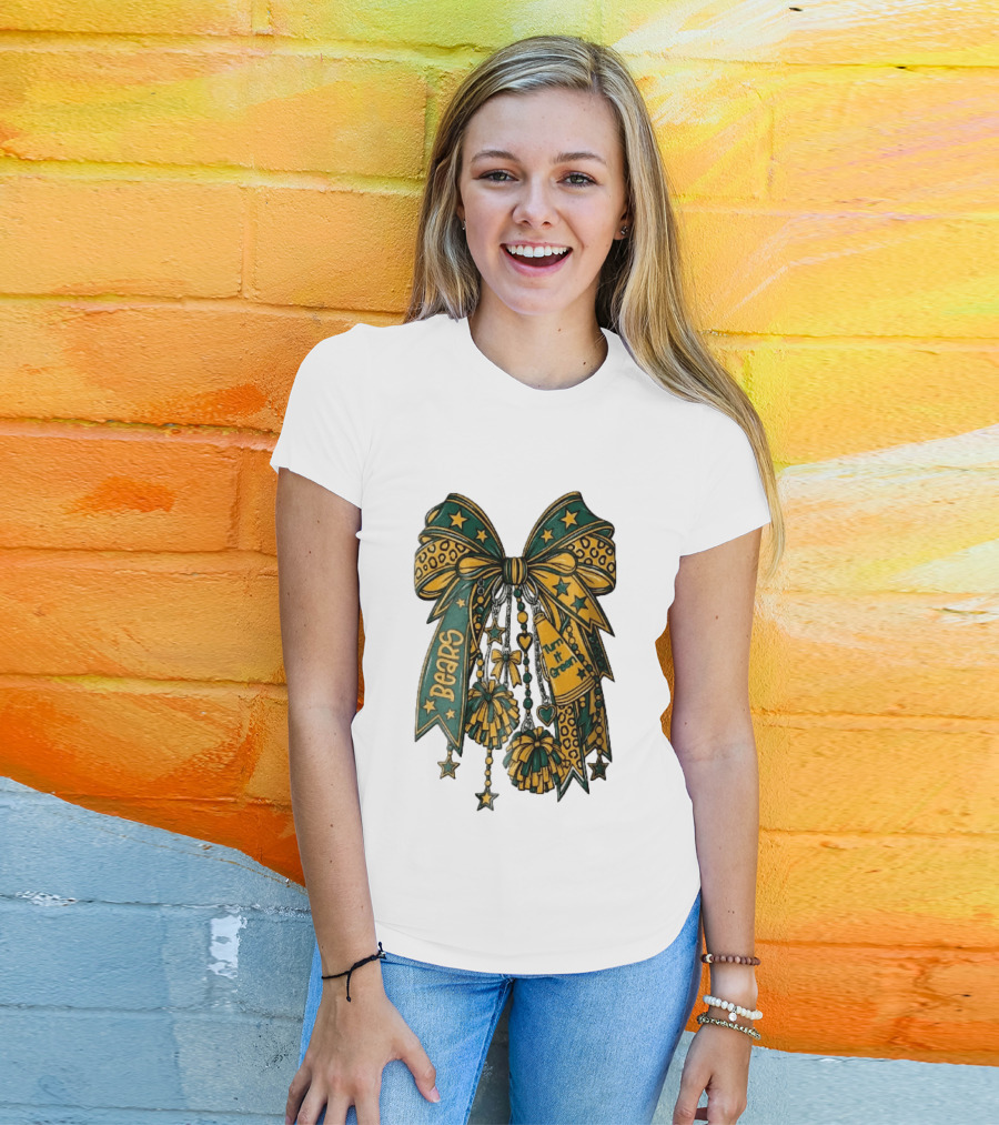 Bears Turn It Green Cheer Bow Stars And Pom Poms T-Shirt