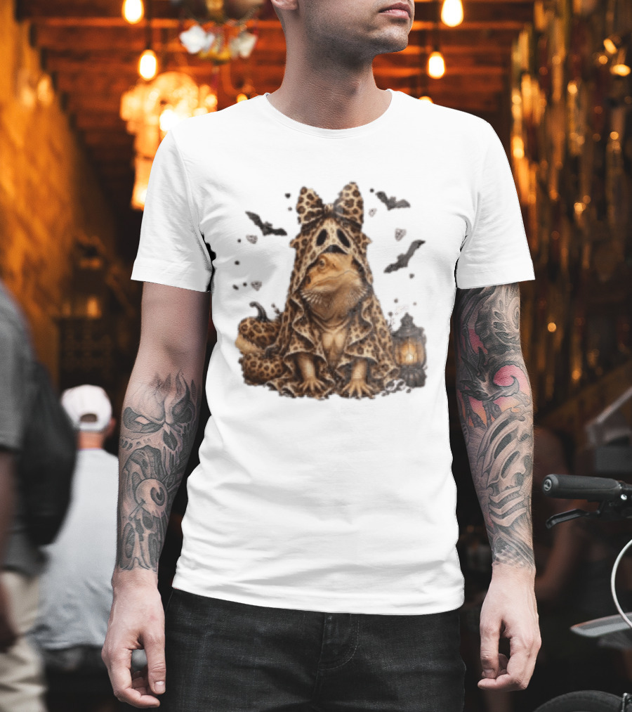 Bewitched Bearded Dragon Cloaked In Leopard Print With Lantern And Bats T-Shirt
