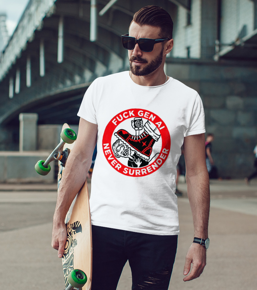 Fuck Gen AI Never Surrender Boot And Fist Circle T-Shirt