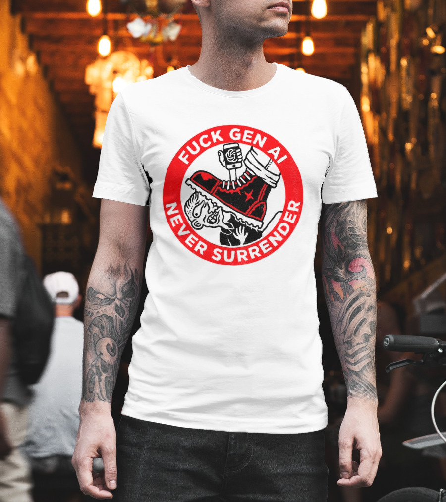Fuck Gen AI Never Surrender Boot And Fist Circle T-Shirt